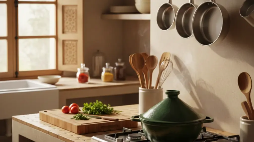 Cuisine marocaine avec ustensiles en matériaux durables